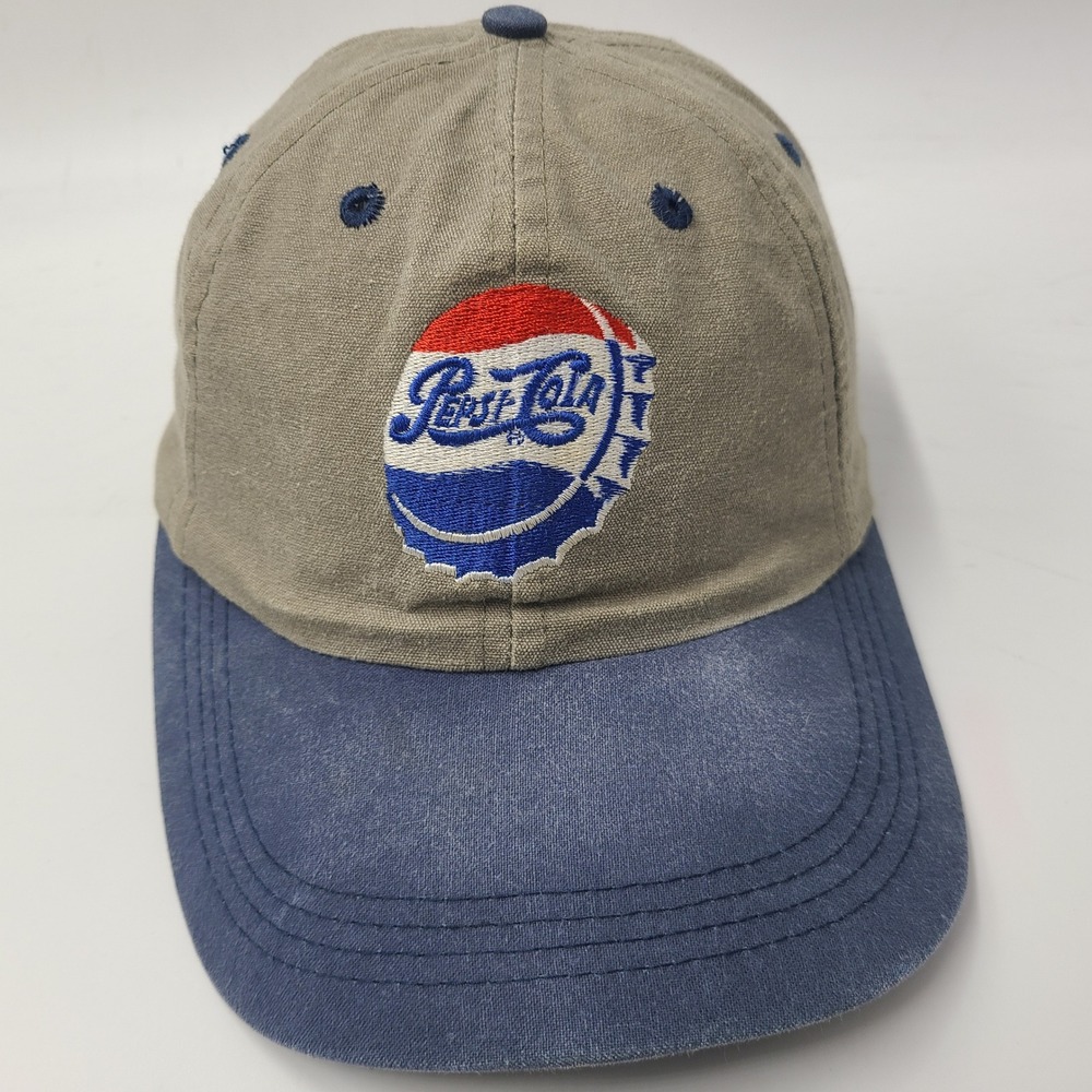 Vintage Pepsi Hat Strapback Beige Blue Bottle Cap Logo Cola Advertising Promo